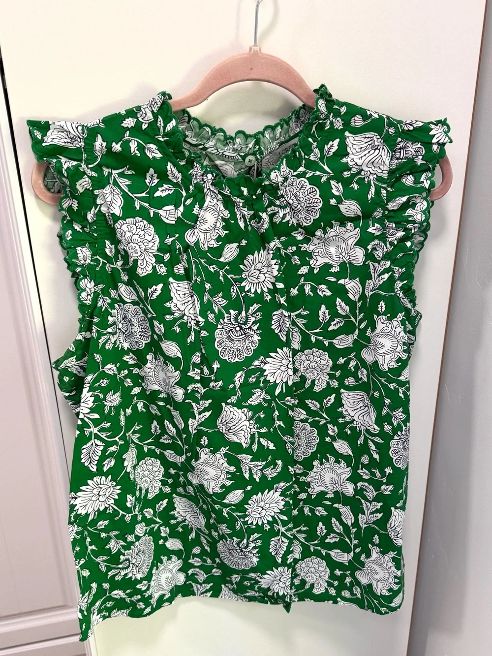 J CREW Green Floral Ruffle-Sleeve Shell